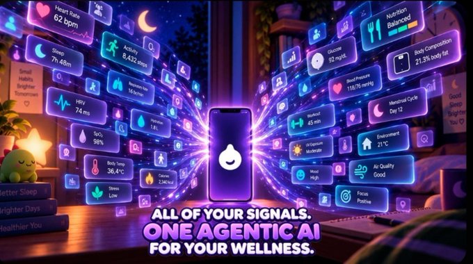 A glowing smartphone displays "ALL OF YOUR SIGNALS. ONE AGENTIC AI FOR YOUR WELLNESS." surrounded by floating health metrics including "Heart Rate 62 bpm," "Sleep 7h 48m," "Activity 6,432 steps," "Steps 98%," "Nutrition Balanced," and "Body Composition 21.3% body fat," visually illustrating how the app integrates multiple wellness data points into a single AI-driven experience.