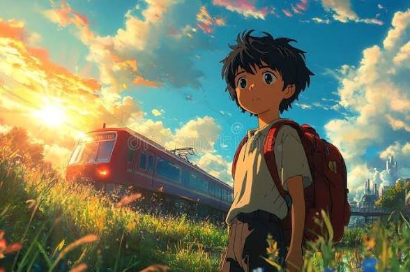 The image features a young boy standing in front of a train, with his backpack on. The background shows a beautiful landscape with a sunset over a field. There are also some flowers visible in the scene. The text "Good morning Web3 Ready for the day. Web3 never sleeps and the opportunities are endless. Time to get to work and build the future. Check on @base @moovexyz". This post seems to be promoting an interest in web3 technology or cryptocurrency, as it encourages people to explore these topics and emphasizes the importance of staying informed about new developments in this field.