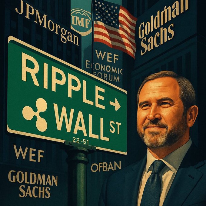 A confident businessman stands beside a "Ripple → Wall St" street sign, with surrounding imagery featuring the American flag, JPMorgan, IMF, WEF, and Goldman Sachs logos, visually linking Ripple/XRP's institutional rise to the traditional financial power centers. The composition reinforces the post's message about Ripple quietly building a regulated financial infrastructure stack that bridges crypto with Wall Street's established institutions.
