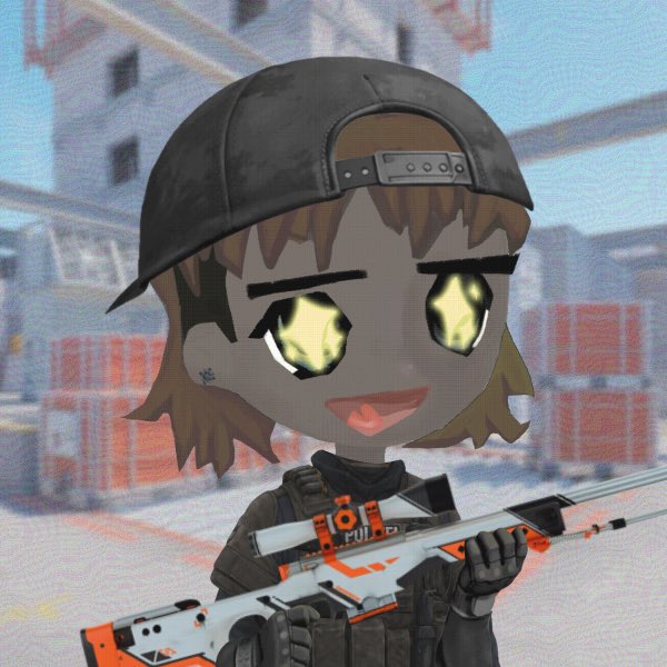 A chibi-style character with a backwards cap and glowing yellow eyes, holding a white and orange sniper rifle.