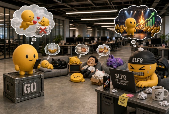 A humorous AI-generated office scene featuring yellow smiley characters, with one character at a laptop labeled "$LFG - SMALL COMMUNITY BIG DREAMS" and various thought bubbles showing dreams of wealth, success, and a "GO" box on the floor.