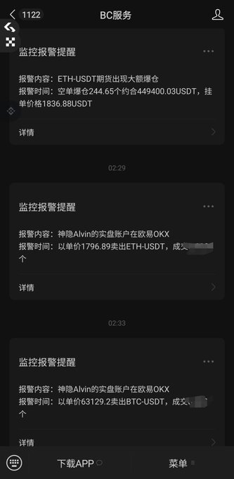 A chat interface from "BC服务" displays three "监控报警提醒" (monitoring alert notifications) timestamped 02:29 and 02:33, showing large ETH-USDT and BTC-USDT futures transactions on OKX, including a 244.65 ETH average short position at $4494.00 and an ETH sale at $1796.89. The alerts correlate with the user's claim of selling most of their ETH and BTC spot holdings, reflecting significant liquidation or selling activity across these major crypto assets.