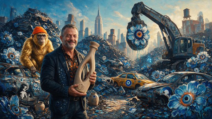 A surreal digital artwork depicting a smiling man in a leather jacket holding a beige vessel, accompanied by a monkey in a beanie, set against a junkyard backdrop filled with large blue flowers, wrecked cars, and an excavator claw grasping a flower.