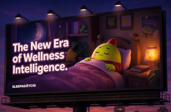 An illuminated billboard at dusk advertises 'SLEEPAGOTCHI' with the tagline 'The New Era of Wellness Intelligence,' featuring a cartoon green character sleeping peacefully in a purple bed.