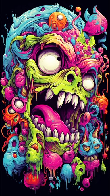 A vibrant, psychedelic illustration of a melting, multi-eyed monster head with sharp teeth and dripping neon colors.