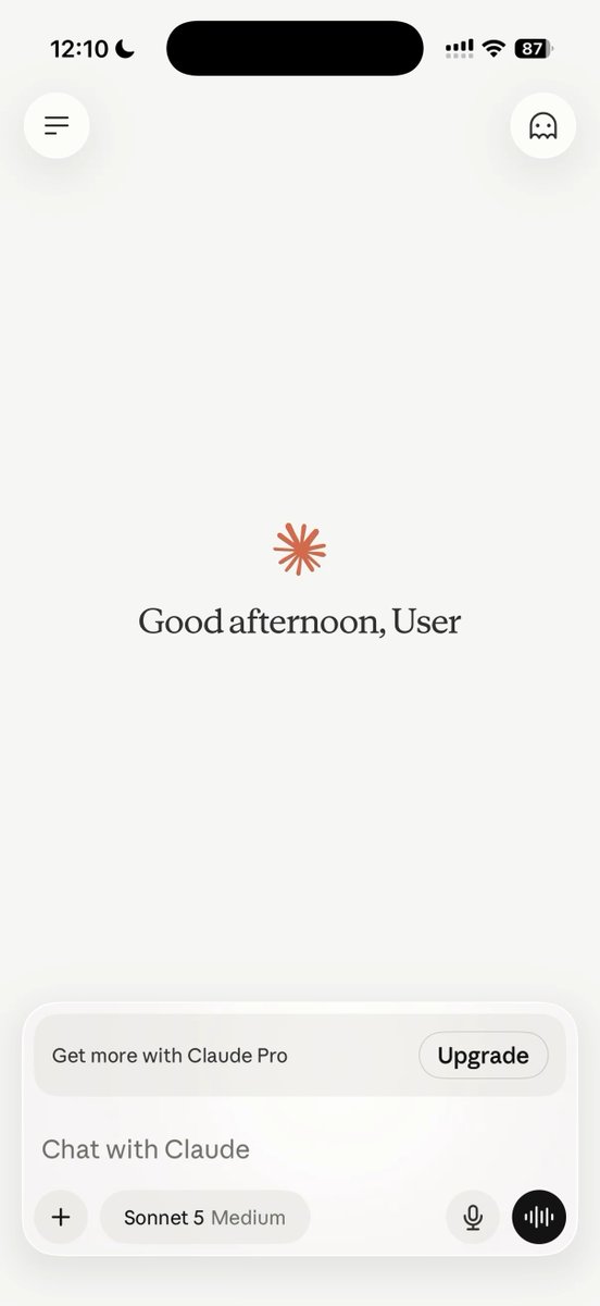 A mobile screenshot of the Claude AI app showing a greeting 'Good afternoon, User' with options to upgrade to Claude Pro and chat with Claude using the Sonnet 5 Medium model.
