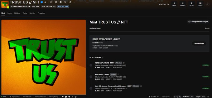 A webpage screenshot shows a 'TRUST US // NFT' collection on a marketplace, featuring an orange background with green graffiti-style 'TRUST US' text and a mint schedule.