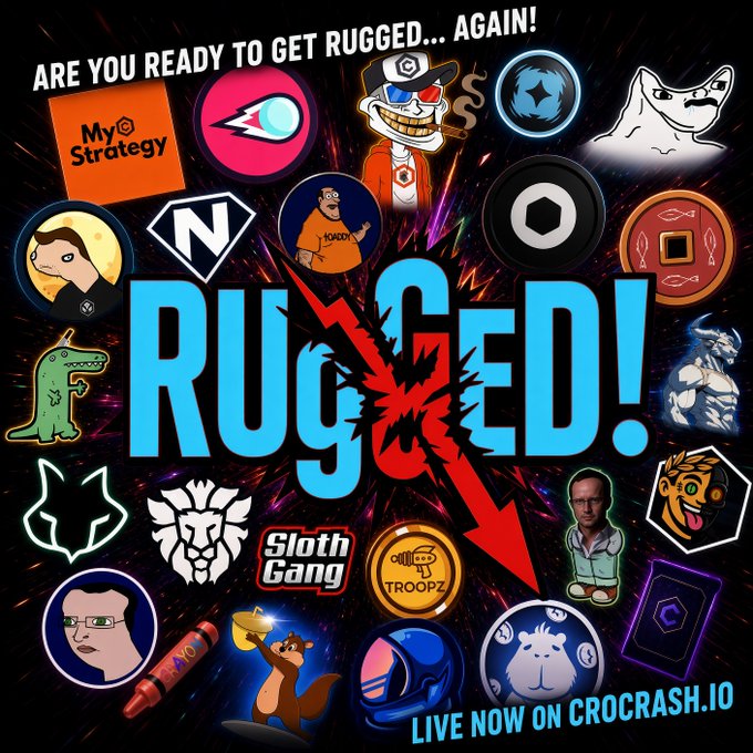 A promotional graphic for the launch of "RuGgED!" on Crocrash.io, featuring the tagline "ARE YOU READY TO GET RUGGED... AGAIN!" surrounded by various crypto meme icons, characters, and project logos (including MyStrategy, Sloth Gang, Troopz, and others), with a large red downward arrow splitting the word "RUGGED" to visually represent a crypto rug pull.