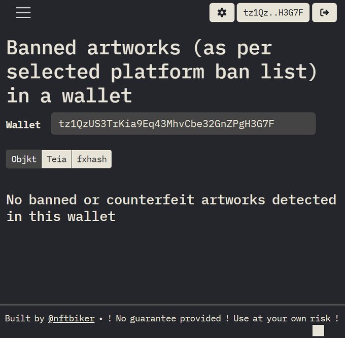 A dark mobile interface for checking banned artworks in a Tezos wallet, displaying the address 'tz1Qz..H3G7F' and stating 'No banned or counterfeit artworks detected in this wallet'.