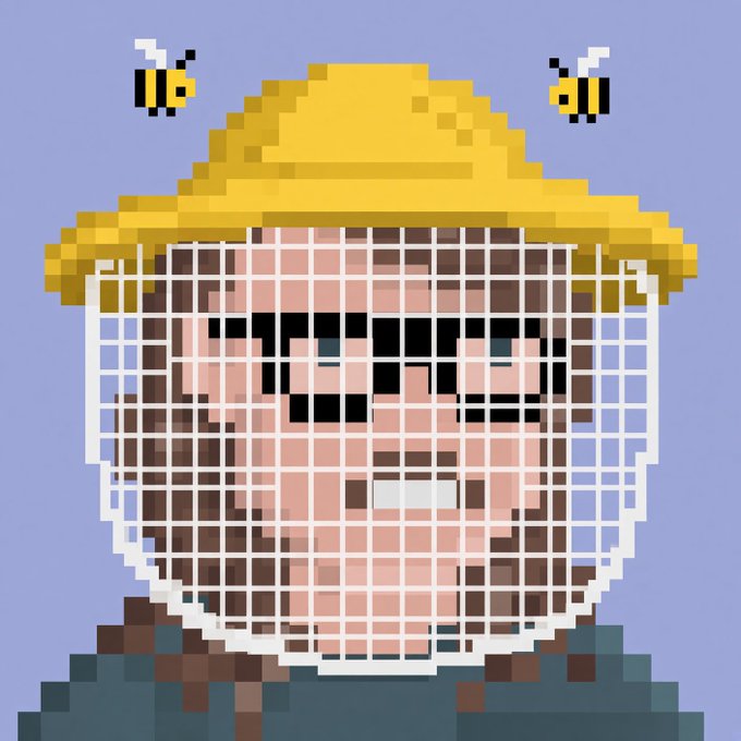A pixelated portrait of a man wearing a yellow beekeeper's hat with two bees flying above, overlaid with a white grid, visually reinforcing the post's pun on "to bee or not to bee" and referencing the Hivebits startup's tokenized beehives project, which has raised $86k from 90 backers.