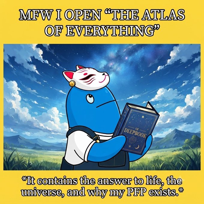 A meme features an anime-style blue shark-cat character wearing a fox mask and holding a book titled "DEEPBOOK OF DEEPBOOK," with text reading "MFW I OPEN 'THE ATLAS OF EVERYTHING'" and "*It contains the answer to life, the universe, and why my PFP exists.*"