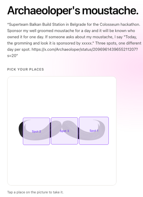 A webpage titled 'Archaeoloper's moustache' offering sponsorship spots for the Balkan Build Station hackathon in Belgrade, featuring interactive image spots for selection.