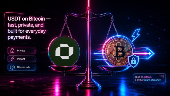 A neon-lit scale balances a USDT coin against a Bitcoin, with the tagline "USDT on Bitcoin — fast, private, and built for everyday payments" and feature highlights (Private, Instant, Bitcoin rails) supporting the post's message about Utexo's effort to combine speed and privacy with Bitcoin's security for practical USDT payments.
