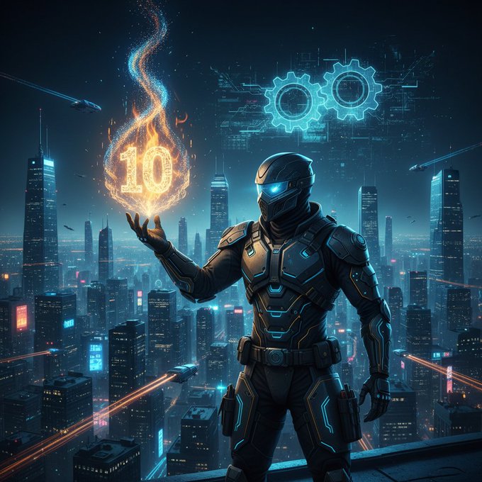Digital artwork of a futuristic armored figure standing on a rooftop overlooking a neon-lit cyberpunk city, holding a glowing flame containing the number "10," with blue glowing gears floating above.