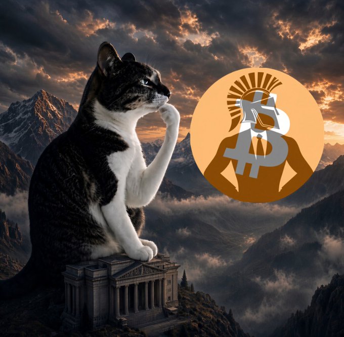 A surreal digital artwork features a giant black and white cat perched atop a classical building on a mountain peak, set against a dramatic cloudy sky, with a Spartan-style logo containing the letter 'B' on the right.