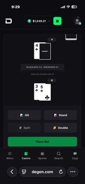 A mobile screenshot from degen.com showing an AI blackjack game in progress with a $1,549.71 balance, displaying a dealer hand (Blackjack, 21) and the player's hand showing 3 and 5 of clubs with split, double, hit, and stand options, along with a green "Place Bet" button.