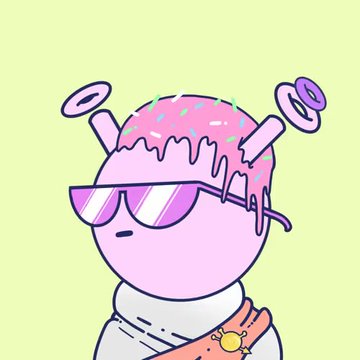 A cartoon illustration of a pink frosted donut character with sprinkles wearing purple sunglasses and rings floating around it, set against a light green background.