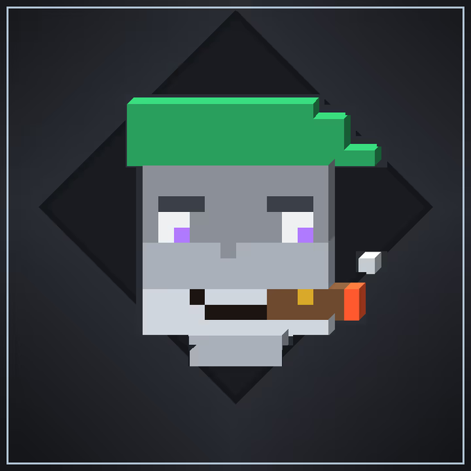 A pixel art illustration shows a gray zombie-like character with purple eyes, a green cap, and a pipe in its mouth against a dark diamond background.