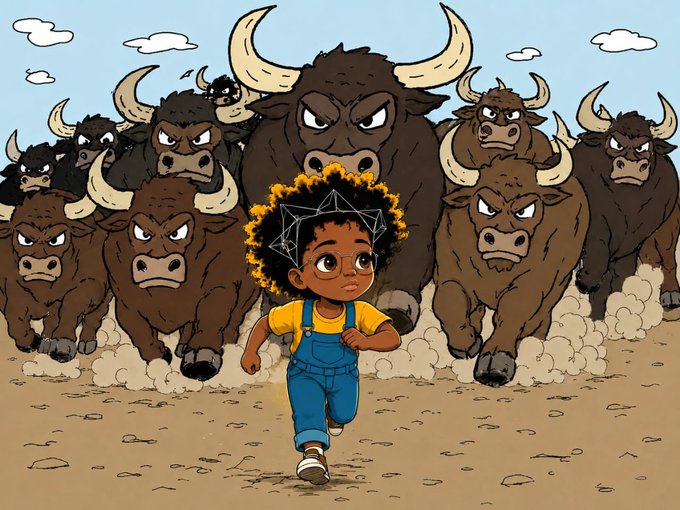 A cartoon illustration shows a young girl with an afro and glasses running away from a herd of angry, horned bulls charging behind her in a desert landscape.
