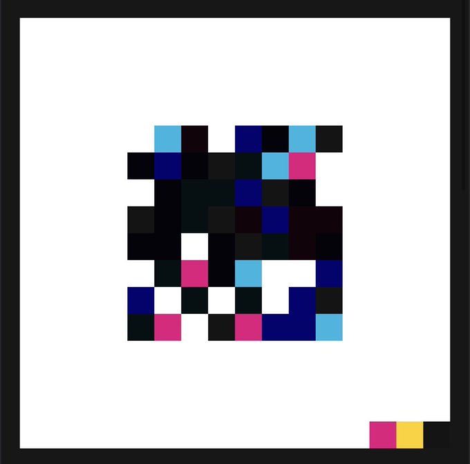 Pixelated abstract image composed of small colored squares in black, white, blue, pink, and teal on a white background, with additional color blocks in the bottom right corner.
