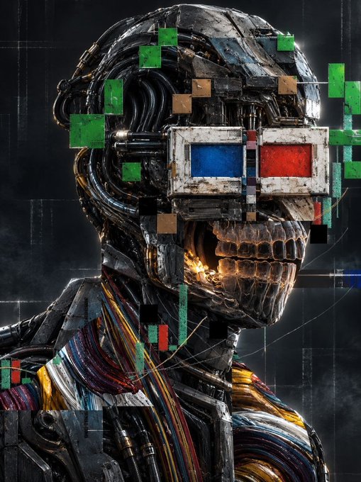 A detailed sci-fi illustration of a cybernetic skull with exposed wiring, mechanical teeth, and 3D glasses with red and blue lenses, surrounded by digital glitch effects.