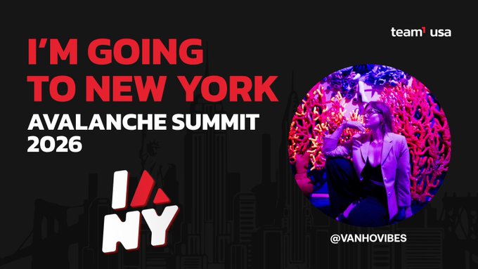 A promotional graphic with the text 'I'M GOING TO NEW YORK AVALANCHE SUMMIT 2026' and 'I ❤️ NY', featuring a circular image of a person drinking next to neon-lit brain artwork with the handle '@VANHOVIBES'.