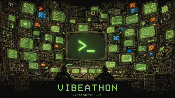 Two silhouetted figures sit before a massive wall of retro CRT monitors displaying glowing green code and data, with a central screen showing a command-line prompt—evoking a hackathon vibe where founders will bring their startup ideas to life. The image features the text "VIBEATHON" and "vibestarter.xyz," promoting a two-week build competition hosted by @vibestarterxyz that runs until registration closes on 06/07.