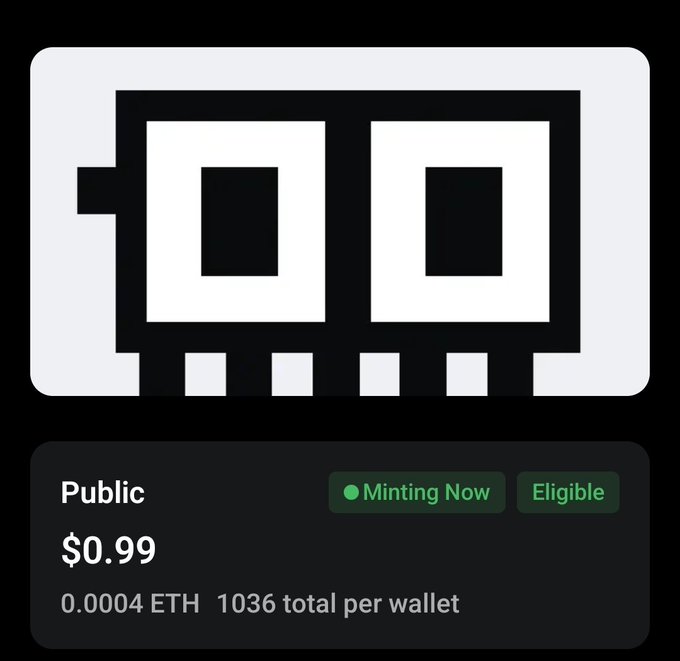 A digital asset listing shows a black-and-white geometric icon with the title 'Public', priced at '$0.99', and marked with a green 'Minting Now' badge.