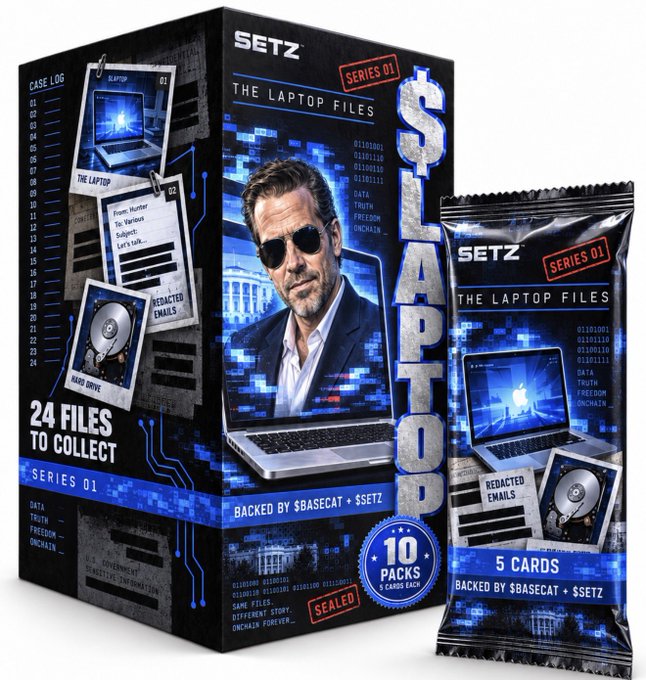 A box of 'SLAPTOS' trading cards by SETZ, Series 01, themed 'THE LAPTOP FILES' featuring a man in sunglasses, with 24 files to collect and 10 packs, backed by $BASECAT + $SETZ.