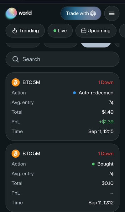 A screenshot of the World cryptocurrency trading app showing BTC 5M trades, including one auto-redeemed entry with +$1.39 PnL and another 'Bought' position.