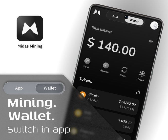 A sleek smartphone displays the Midas Mining wallet app showing a total balance of $140.00 with 2.23 BTC ($68262.00) and toggle options between App and Wallet modes. The graphic highlights the integrated "Mining. Wallet. Switch in app." concept, perfectly illustrating the post's message of combining crypto mining and wallet functionality into one seamless experience.