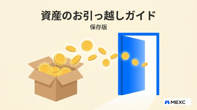 The image is a MEXC branded graphic titled "資産のお引っ越しガイド" (Asset Transfer Guide) with "保存版" (Saved Edition) beneath it, depicting gold coins flying from an open cardboard box through a blue door, symbolizing the transfer of assets. It visually represents the accompanying post's message about guiding users through the practical steps of transferring their crypto assets to MEXC from other exchanges.