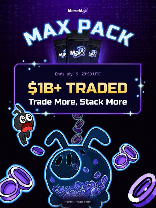 MemeMax MAX PACK promotion ending July 19 at 23:59 UTC, celebrating over $1B+ traded, featuring cartoon coin characters and product packaging at mememax.com.