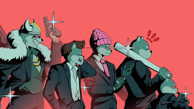 An illustration of cartoon characters with animal heads dressed in suits against a red background, with some holding guns.