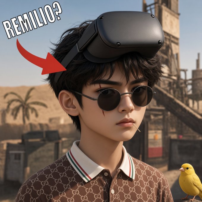 A digital illustration of a young person with dark hair, round sunglasses, a Gucci polo shirt, and a VR headset, with a red arrow pointing to them and the text 'REMILIO?' in the upper left, while a small yellow bird sits nearby.
