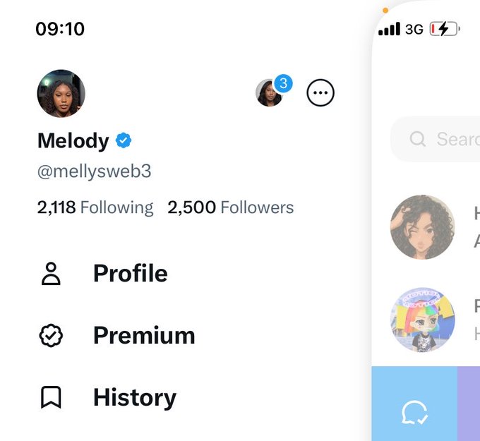 A mobile app screenshot showing the profile page for user 'Melody' (@mellysweb3) with a blue verification checkmark, 2,118 Following and 2,500 Followers, displaying menu options for Profile, Premium, and History.