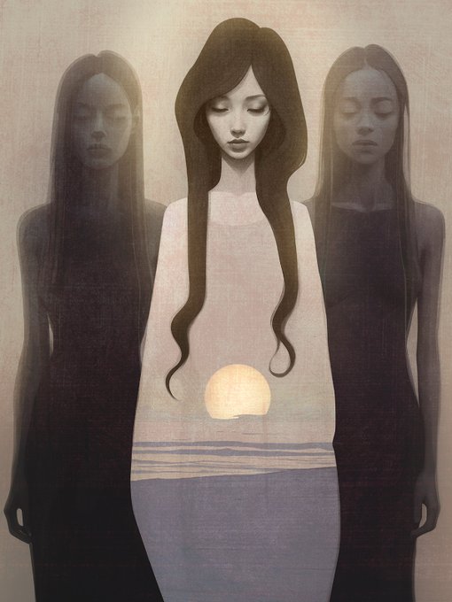 A painting depicts three long-haired female figures with closed eyes; the central figure in a light dress contains a sun and ocean scene within her body.