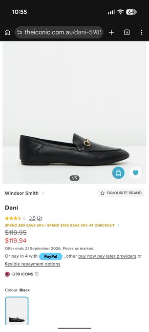 A mobile screenshot from theiconic.com showing a black Windsor Smith 'Dani' loafer shoe on sale for $119.94, down from $149.95.