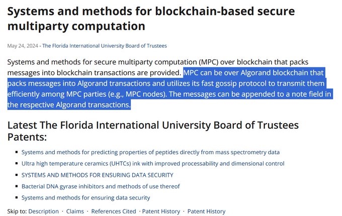 A webpage or document snippet titled 'Systems and methods for blockchain-based security multiparty computation' from The Florida International University Board of Trustees, with highlighted text discussing MPC over the Algorand blockchain.