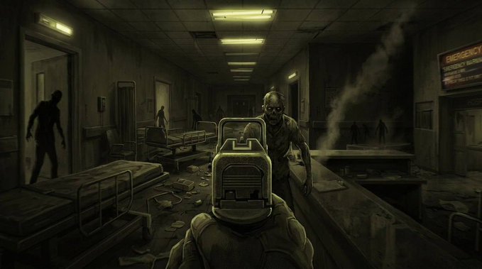 First-person view from a horror video game showing a gun aimed down a dark, abandoned hospital corridor filled with zombies and shadowy figures, with an "EMERGENCY" sign visible on the right.