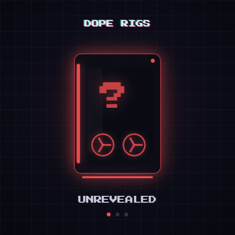 A digital graphic with retro pixel-art styling reads 'DOPE RIGS UNREVEALED,' featuring a glowing red neon frame around a stylized card with a question mark.