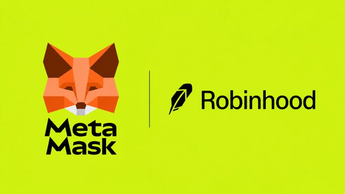 A bright lime-green graphic displaying the MetaMask fox logo alongside the Robinhood feather logo, indicating a partnership or integration between the two companies.