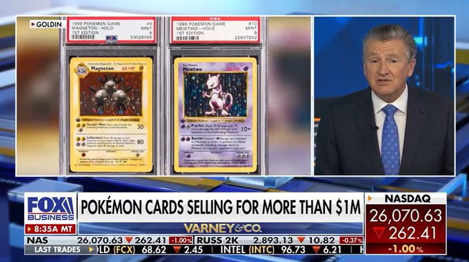 A Fox Business segment featuring host Stuart Varney displays two 1st Edition holographic Pokémon cards—Mageton (PSA 7) and Mewtwo (PSA 7)—selling for over $1 million each, with stock tickers showing the NASDAQ at 26,070.63 (down 262.41). The caption highlights how the inflated valuations on otherwise mass-produced cardboard cards exemplify excess money supply, making the post's advice to "Save in Bitcoin" to protect wealth particularly relevant.