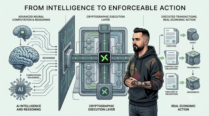 An infographic titled 'FROM INTELLIGENCE TO ENFORCEABLE ACTION' illustrates a process from 'AI INTELLIGENCE AND REASONING' through a 'CRYPTOGRAPHIC EXECUTION LAYER' to 'REAL ECONOMIC ACTION,' featuring a man with tattoos and an undercut hairstyle.