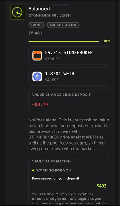 A crypto vault interface showing a balanced STONKBROKER / WETH position worth $5,483 with an estimated APY of 40.5% and $492 in fees earned.