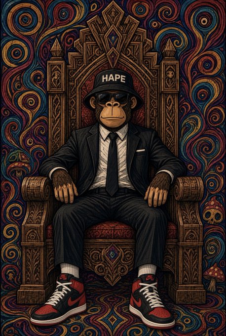 An illustration shows a monkey wearing a black suit, sunglasses, and a cap labeled 'HAPE', seated on an ornately carved throne with red sneakers.