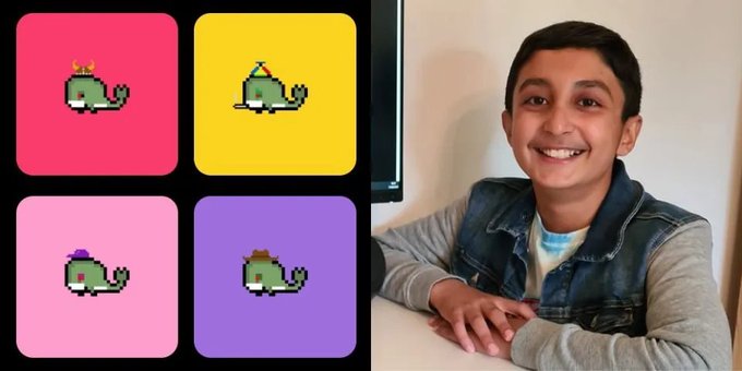 A composite image showing a smiling young boy in a denim vest on the right, alongside four colorful pixel-art whale icons on pink, yellow, light pink, and purple backgrounds on the left.