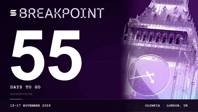 A purple promotional graphic for 'BREAKPOINT' showing '55 DAYS TO GO' for an event on 15-17 November 2026 at Olympia, London, UK, with a clock tower image.