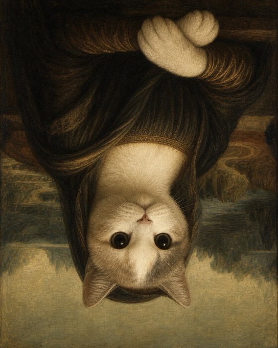 The image features a cat with white fur, wearing a black dress that appears to be a painting of Mona Lisa's outfit. The cat has its paws up in the air, giving the impression that it is hanging from a painting or suspended in mid-air. The background includes a blurred landscape and trees, which adds depth to the scene. The caption reads "Only for the most discerning memecoin enthusiasts $USDC = UpSide Down Cat." This suggests that the image might be related to an art project or a unique way of presenting the Mona Lisa painting.
