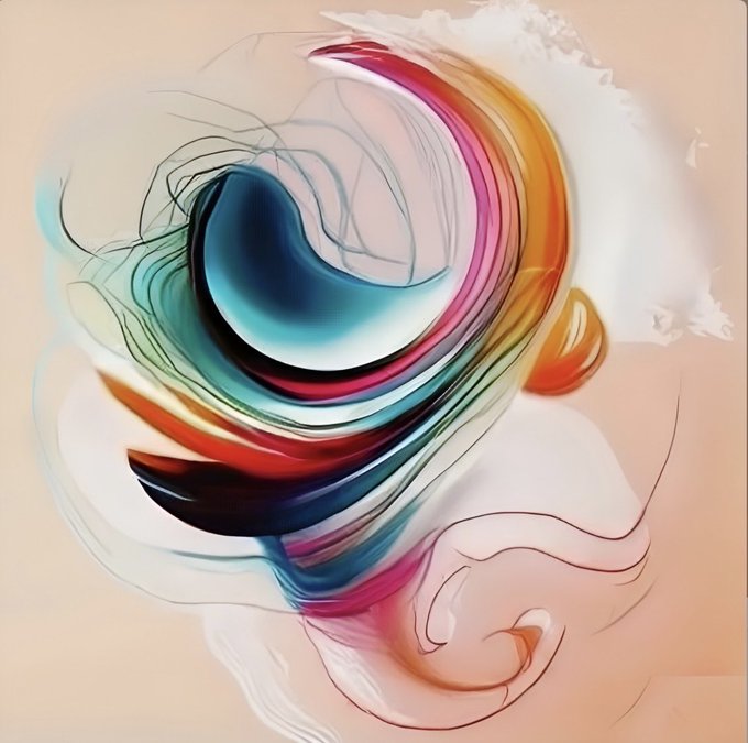 An abstract digital artwork displays swirling, flowing lines in various vibrant colors like blue, pink, orange, and black against a light background.